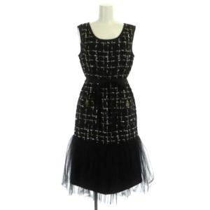 22AW ツイードラメチェックドレス ワンピース ノースリーブ ロング チュール ベルトリボン 36 黒 ブラック
