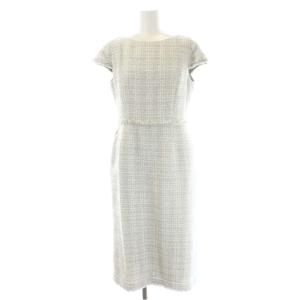 ツイードワンピース ロング 半袖 36 サックス グレー オフホワイト