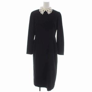 レース衿タックタイトワンピース ロング ミモレ丈 長袖 36 黒 白 ブラック ホワイト