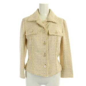 EPOCA セットアップ スーツ 上下 フリンジ ジャケット タイトスカート ひざ丈 ボーダー スパンコール 40 ベージュ