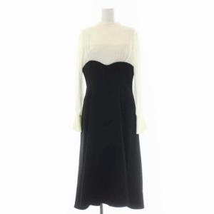 長袖ワンピース ロング ミモレ丈 切替 38 黒 白 ブラック ホワイト