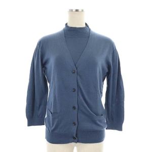 アンサンブル 2点セット ニット コットン モックネックカットソー フレンチスリーブ カーディガン 長袖 Vネック 2 ブルーグレー