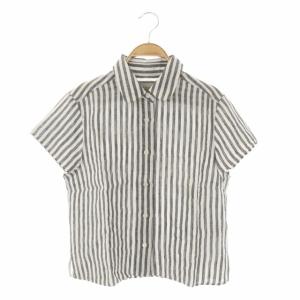 ラウンドカラーシャツ 半袖 ストライプ 前開き リネン 1 ダークグレー 白 ホワイト