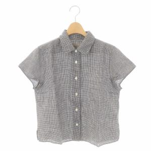 ラウンドカラーシャツ ギンガムチェック 半袖 リネン 1 黒 ブラック 白 ホワイト