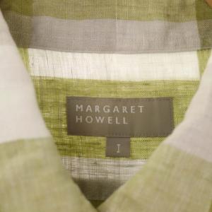 MARGARET HOWELL BLOCK CHECK LINEN ブロックチェックシャツ 半袖 前開き リネン 1 オリーブ 白 グレー