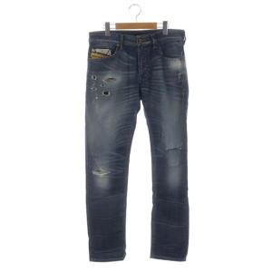 ダメージスウェットデニムパンツ ジーンズ スリム ジッパーフライ 30 インディゴブルー THAVAR