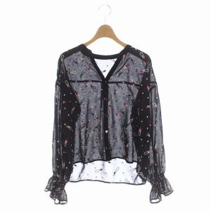 リップスティックブラウス 長袖 スキッパー シアー 総柄 刺繍 36 黒 白 赤