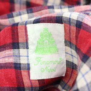 Finamore チェック柄 リネン シャツ 長袖 M 赤 白 青 黒