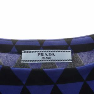 PRADA カットソー 総柄 五分袖 シルク 42 青 黒 ブルー ブラック