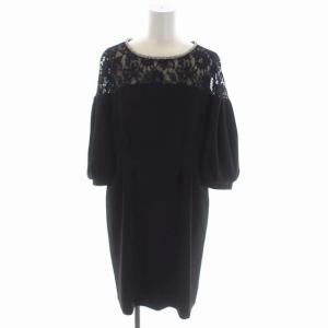 レース切替 ワンピース ドレス ひざ丈 ビジュー装飾 七分袖 38 黒 ブラック
