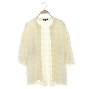 フリンジボーダーカーディガン 七分袖 ノーボタン 1 白 ホワイト