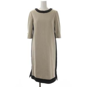 バイカラージャージワンピース ロング ミモレ丈 七分袖 フェイクパール装飾 36 グレージュ 黒 ブラック