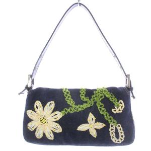 FENDI マンマバケット デニム フラワー刺繍 ハンドバッグ ネイビー