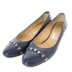 パンプス ラウンドトゥ ローヒール ヴァラチェーン レザー 6.5 24.0cm 紺 ネイビー