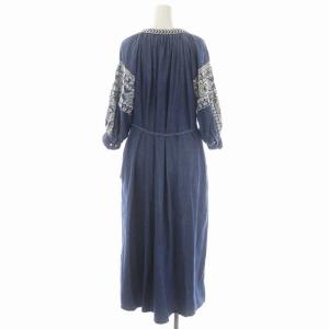 Grace Class デニム刺繍ワンピース ロング 七分袖 リボンベルト付き 36 青 白 ブルー ホワイト