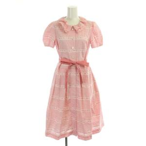 ボーダー シャツワンピース ひざ丈 ミディ丈 半袖 リボンベルト付き 38 ピンク 白 ホワイト