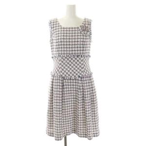 ツイード ワンピース ひざ丈 ノースリーブ コサージュ付き 36 白 青 赤