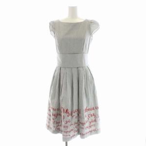 メッセージ プリント ワンピース ストライプ ひざ丈 フレンチスリーブ 36 グレー 白 ホワイト