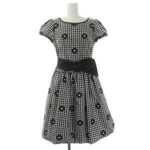 ギンガムチェック カメリア ワンピース ひざ丈 花柄 半袖 ベルト付き 36 黒 白 ブラック ホワイト