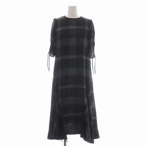 辻直子コラボ 23SS クレストブリッジチェック ハンマーサテンワンピース イレギュラーヘム ロング 五分袖 36 グレー