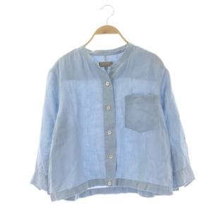 バンドカラーシャツ リネン クロップド 七分袖 1 ライトブルー