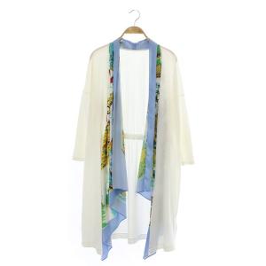 スカーフプリントロングガウン カーディガン 長袖 ドッキング 36 白 ホワイト マルチカラー