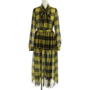 ボウタイ付チェック ワンピース ロング 長袖 ベルト付き 36 黄色 黒 オレンジ