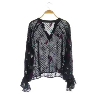 Diagram モチーフ刺繍カフタン トップ ブラウス 長袖 ドット 総柄 36 紺 ネイビー マルチカラー