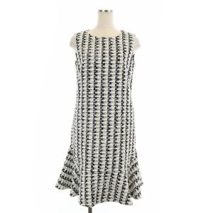 ツイードワンピース ロング ノースリーブ ウール混 40 オフホワイト 黒 ブラック