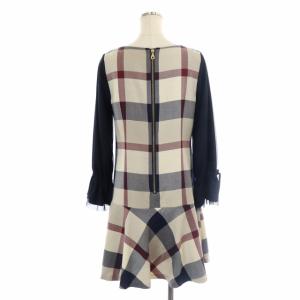 BLUE LABEL CRESTBRIDGE シアースリーブチェックワンピース ミニ 長袖 36 濃紺 べージュ 赤