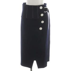 ブカティーダブルスカート タイト ロング サイドボタン タック ラップ調 36 紺 ネイビー 白 ホワイト