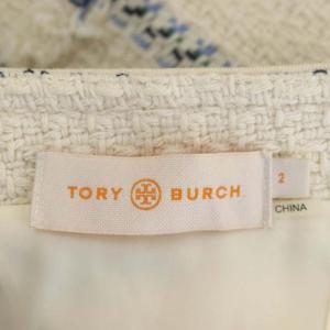 TORY BURCH ビジュー スパンコール ツイードジャケット ノーカラー 背抜き 2 白 青 紺
