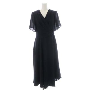 20SS ドレーププリーツワンピース 半袖 ロング Vネック 36 紺 ネイビー