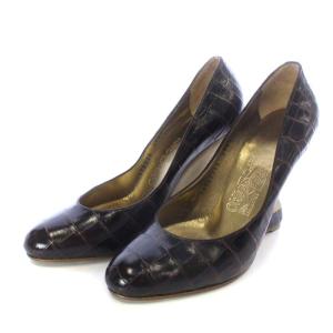 パンプス ウエッジソール 型押し レザー 7B 24.5cm ダークブラウン