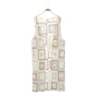 22SS クロシェロングニットジレ ベスト ノースリーブ 透かし編み Vネック ラメ 36 オフホワイト マルチカラー