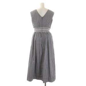 Chesty あじさい刺繍ワンピース ノースリーブ ロング ギンガムチェック ウエストシャーリング 1 黒 白 ブラック ホワイト