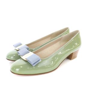 ヴァラ パンプス ヒール リボン 4 22.5cm 緑 グリーン
