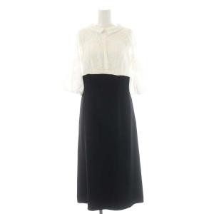 レース切替コンビワンピース 七分袖 ロング タイト 36 白 黒 ホワイト ブラック