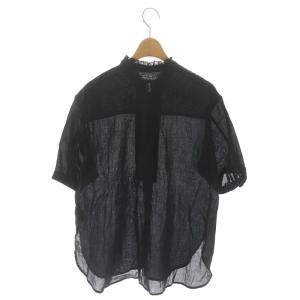 BEAUTY&YOUTH UNITED ARROWS 22SS 麻ブレンド フリルスタンドカラー五分袖ブラウス 黒 ブラック