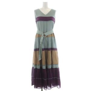 20AW 配色切替フレアワンピース Vネック ノースリーブ シルク混 ロング 36 ライトブルー ベージュ 紫