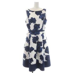ローズ ノースリーブ ワンピース ひざ丈 ベルト付き 40 青 白 ブルー ホワイト