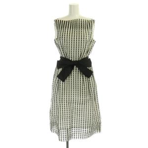 ギンガムチェック ノースリーブ ワンピース ミモレ丈 ロング フレア リボンベルト付き 40 黒 白 ブラック ホワイト