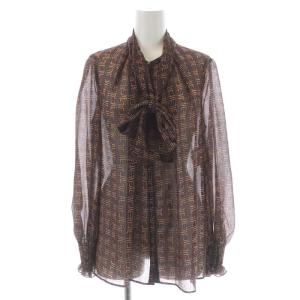 ジオメトリックPTギャザーブラウス シャツ シアー 長袖 38 茶色 紺 オレンジ
