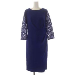 ドレープレースワンピース ひざ丈 切替 七分袖 38 青 ブルー