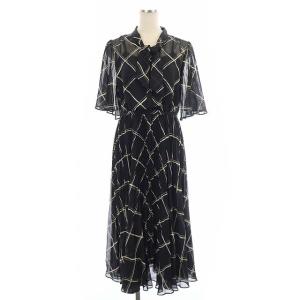 20AWバリエーションプリーツワンピース ロング フレア 五分袖 袖シアー ボウタイ ウエストマーク 36 黒 ブラック ベージュ