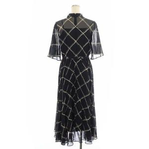 CELFORD 20AWバリエーションプリーツワンピース ロング フレア 五分袖 袖シアー ボウタイ ウエストマーク 36 黒 ブラック ベージュ