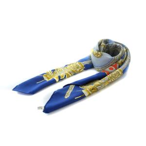 カレ90 HONI SOIT QUI MAL Y PENSE スカーフ シルク 絹 青 ブルー ゴールド色 OH