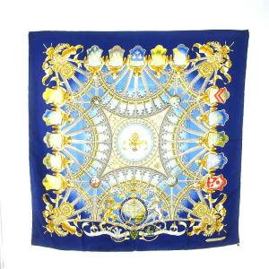 HERMES カレ90 HONI SOIT QUI MAL Y PENSE スカーフ シルク 絹 青 ブルー ゴールド色 OH