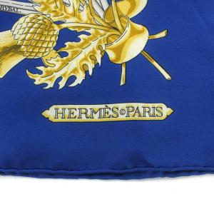 HERMES カレ90 HONI SOIT QUI MAL Y PENSE スカーフ シルク 絹 青 ブルー ゴールド色 OH