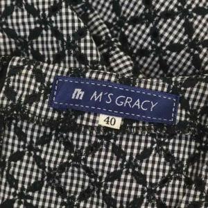 M'S GRACY ギンガムチェック リボン ワンピース 半袖 ミモレ丈 ロング 40 黒 白 ブラック ホワイト